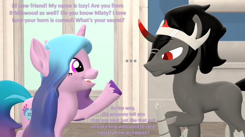 Size: 1920x1080 | Tagged: safe, artist:red4567, derpibooru import, izzy moonbow, king sombra, pony, unicorn, ..., 3d, dramatic irony, g5, hi new friend, image, missing accessory, png, source filmmaker, the crystal empire 10th anniversary