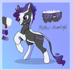 Size: 1280x1231 | Tagged: safe, artist:ladypastal, derpibooru import, oc, oc:mythic moonlight, unofficial characters only, umbrum, unicorn, coat markings, colored ears, colored horn, curved horn, cutie mark, frame, horn, image, jpeg, leonine tail, male, offspring, parent:king sombra, parent:oc:flora may, parent:rarity, parents:sombrarity, reference sheet, signature, socks (coat marking), solo, sombra horn, tail, unicorn oc