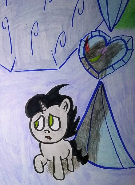 Size: 1431x1955 | Tagged: safe, derpibooru import, king sombra, pony, unicorn, colt, colt sombra, crystal empire, crystal heart, foal, image, jpeg, male, shadow, solo, the crystal empire 10th anniversary, traditional art