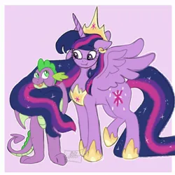 Size: 1280x1280 | Tagged: safe, artist:woizii, derpibooru import, princess twilight 2.0, spike, twilight sparkle, twilight sparkle (alicorn), alicorn, dragon, pony, the last problem, duo, ethereal mane, eyelashes, female, hoof shoes, image, jewelry, jpeg, male, mare, older, older twilight, peytral, smiling, starry mane, tiara, winged spike, wings