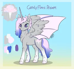 Size: 1280x1191 | Tagged: safe, artist:ladypastal, derpibooru import, oc, oc:candy floss dream, unofficial characters only, alicorn, bat pony, bat pony alicorn, pony, alicorn oc, bat wings, cloven hooves, coat markings, cutie mark, female, frame, gradient background, gradient mane, horn, image, jpeg, magical lesbian spawn, mare, offspring, older, parent:fleur-de-lis, parent:nightmare moon, parent:oc:flora may, reference sheet, signature, socks (coat marking), solo, wings