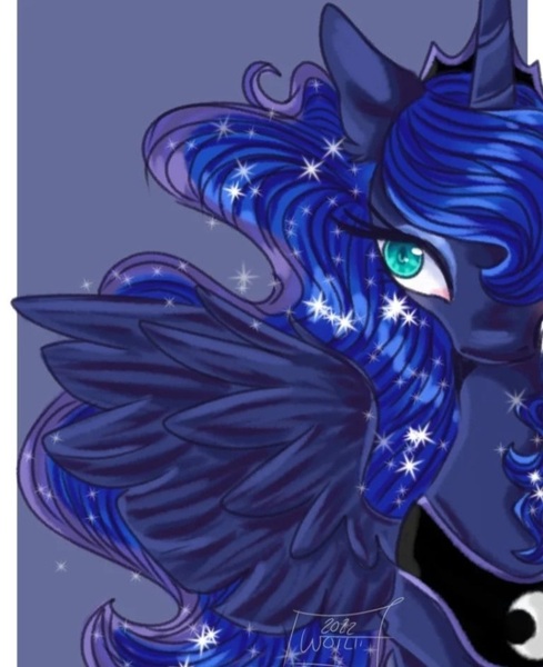 Size: 720x883 | Tagged: safe, artist:woizii, derpibooru import, princess luna, alicorn, pony, bust, ethereal mane, female, image, jpeg, mare, peytral, solo, spread wings, starry mane, wings