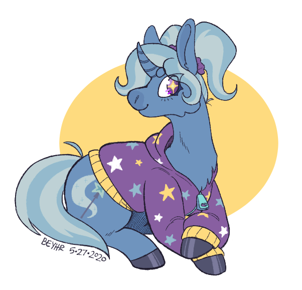 Size: 602x578 | Tagged: safe, artist:beyhr, artist:dogthriftstore, derpibooru import, trixie, pony, unicorn, alternate hairstyle, babysitter trixie, clothes, curved horn, female, hoodie, horn, image, jpeg, mare, pigtails, prone, solo, starry eyes, twintails, wingding eyes