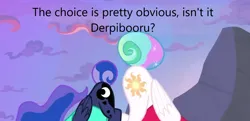 Size: 1366x660 | Tagged: suggestive, derpibooru import, edit, edited screencap, screencap, princess celestia, princess luna, alicorn, pony, derpibooru, between dark and dawn, butt, butts, caption, female, image, image macro, meta, moonbutt, plot, png, praise the moon, praise the sun, royal sisters, siblings, sisters, sunbutt, text