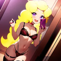 Size: 1280x1280 | Tagged: suggestive, derpibooru import, machine learning generated, surprise, equestria girls, blonde, breasts, clothes, equestria girls-ified, female, g1, g1 to equestria girls, generation leap, image, lingerie, mobile phone, phone, png, sexy, smiling, solo