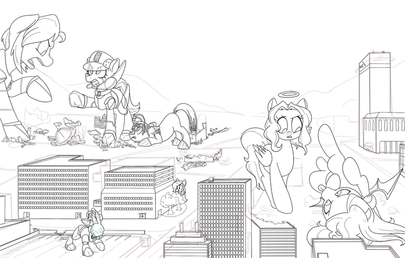 Size: 800x509 | Tagged: artist needed, safe, derpibooru import, oc, oc:alloyrabbit, oc:orchid, oc:p.o.n.e., oc:saltlick, oc:sugarcube, oc:ultramare, unofficial characters only, kaiju, kaiju pony, pony, rabbit, robot, robot pony, angry, animal, argument, city, crush fetish, crushing, destruction, discussion, fetish, grayscale, green eyes, image, looking at someone, looking down, lying down, macro, macro mico, micro, monochrome, open mouth, png, prone
