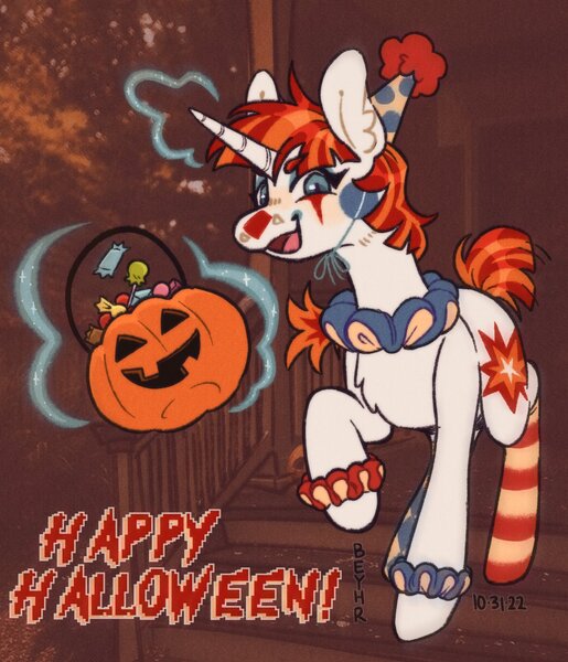 Size: 1383x1612 | Tagged: safe, artist:beyhr, derpibooru import, oc, oc:wow factor, unofficial characters only, unicorn, halloween, happy halloween, holiday, image, jpeg