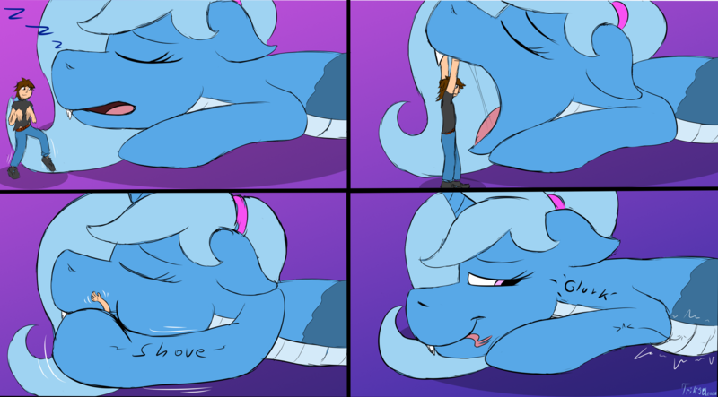 Size: 2658x1473 | Tagged: safe, artist:triksa, derpibooru import, oc, oc:brobot, oc:triksa, human, lamia, original species, comic, curious, fetish, gulp, image, mawshot, open mouth, png, simple background, sketch, sleeping, sneaking, swallowing, trick, unaware, unaware vore, vore, willing vore