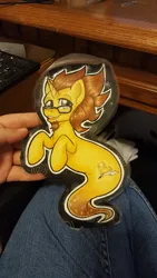 Size: 2988x5312 | Tagged: safe, artist:inkkeystudios, derpibooru import, oc, unofficial characters only, pony, seapony (g4), unicorn, badge, glasses, image, jpeg, lidded eyes, looking at you, open mouth, open smile, photo, smiling, solo, traditional art