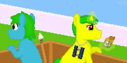 Size: 768x384 | Tagged: safe, artist:valuable ashes, derpibooru import, oc, oc:technical writings, oc:valuable ashes, unofficial characters only, earth pony, pony, unicorn, binoculars, chocolate, food, image, pixel art, png, spear, tower, weapon