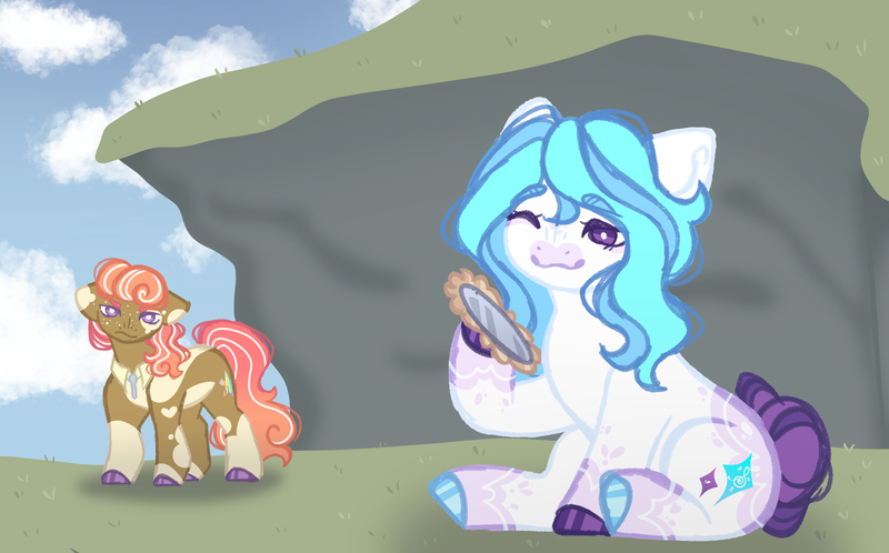 Size: 2258x1407 | Tagged: safe, artist:pixiesimm, derpibooru import, oc, oc:divine delight, oc:harmonic shift, earth pony, pony, image, magical lesbian spawn, offspring, parent:bon bon, parent:octavia melody, parent:vinyl scratch, parents:bontavia, parents:scratchtavia, png