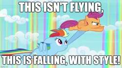 Size: 888x499 | Tagged: safe, derpibooru import, edit, edited screencap, screencap, rainbow dash, scootaloo, pegasus, pony, sleepless in ponyville, buzz lightyear, duo, female, filly, flying, foal, image, jpeg, mare, meme, parody, rainbow falls (location), reference, reference in the description, scene parody, scootalove, siblings, sisters, toy story, woody