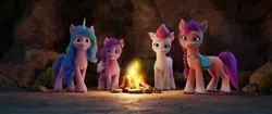 Size: 1440x603 | Tagged: safe, derpibooru import, screencap, izzy moonbow, pipp petals, sunny starscout, zipp storm, earth pony, pegasus, unicorn, g5, my little pony: a new generation, campfire, coat markings, image, jewelry, png, socks (coat marking), tiara