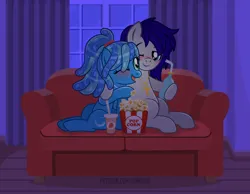 Size: 1100x853 | Tagged: safe, artist:jennieoo, derpibooru import, oc, oc:maverick, oc:ocean soul, earth pony, pegasus, pony, blushing, bottle, couch, couple, cute, drink, happy, hug, image, lovers, movie night, night, one eye closed, patreon, patreon reward, png, ponytail, room, show accurate, soda, soda bottle, story, story included, vector, water mane, wink