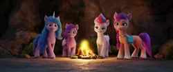 Size: 1440x603 | Tagged: safe, derpibooru import, screencap, izzy moonbow, pipp petals, sunny starscout, zipp storm, earth pony, pegasus, unicorn, g5, my little pony: a new generation, campfire, coat markings, image, jewelry, png, socks (coat marking), tiara