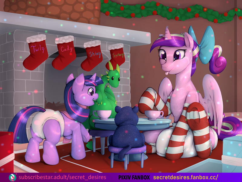 Size: 2000x1500 | Tagged: questionable, artist:secret_desires, derpibooru import, princess cadance, twilight sparkle, alicorn, pony, unicorn, friendship is magic, ageplay, bow, clothes, diaper, diapered, diapered filly, female, filly, filly twilight sparkle, g4, hair bow, holiday, image, plushie, png, socks, stockings, subscribestar preview, teen princess cadance, thigh highs, unicorn twilight, url, younger