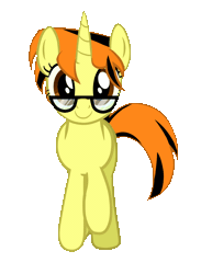 Size: 880x1200 | Tagged: safe, artist:mitexcel, derpibooru import, oc, oc:merille artienda, unofficial characters only, pony, unicorn, brown eyes, g4, gif, glasses, image, looking at you, nonbinary, orange mane, orange tail, short mane, short tail, show accurate, solo, staring into your soul, tail, trotting, walk cycle, walking, yellow coat