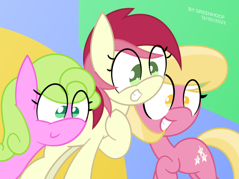 Size: 1920x1440 | Tagged: safe, artist:greenhoof, derpibooru import, daisy, flower wishes, lily, lily valley, roseluck, earth pony, pony, abstract background, flower trio, image, png, scene interpretation, vector