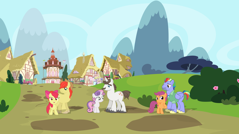 Size: 9000x5060 | Tagged: safe, artist:cloudy glow, artist:estories, artist:magpie-pony, artist:roman-santos, artist:sinkbon, artist:thebosscamacho, derpibooru import, apple bloom, bow hothoof, bright mac, hondo flanks, scootaloo, sweetie belle, earth pony, pegasus, pony, unicorn, adopted, adopted offspring, apple bloom's bow, bow, clothes, cutie mark crusaders, facial hair, father and child, father and daughter, female, filly, foal, hair bow, headcanon, headcanon in the description, image, jacket, male, moustache, open mouth, open smile, png, ponyville, scootadoption, scootalove, smiling, stallion