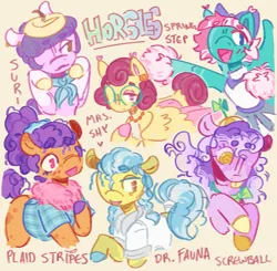 Size: 1017x996 | Tagged: safe, artist:tottallytoby, derpibooru import, doctor fauna, plaid stripes, posey shy, screwball, spring step, sunlight spring, suri polomare, earth pony, pegasus, pony, alternate design, female, group, image, mare, png, sextet, simple background, yellow background