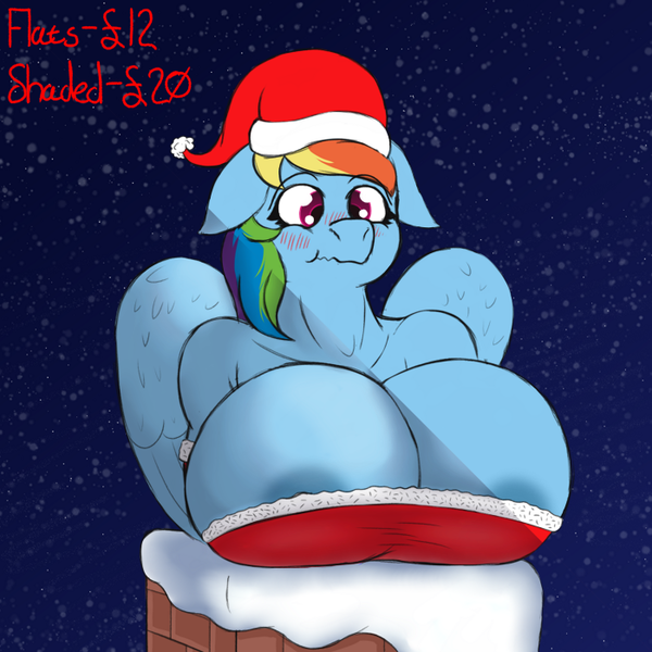 Size: 700x700 | Tagged: questionable, artist:thewindking, derpibooru import, rainbow dash, anthro, pegasus, areola, areola slip, bare shoulders, big breasts, blushing, breasts, busty rainbow dash, chimney, christmas, cleavage, clothes, commission, costume, feathered wings, female, floppy ears, folded wings, g4, gloves, hat, holiday, huge breasts, image, long gloves, pegasus wings, png, santa costume, santa hat, snow, snowfall, solo, solo female, stuck, wavy mouth, wings, your character here