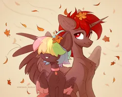 Size: 2700x2150 | Tagged: safe, artist:avroras_world, derpibooru import, oc, oc:hardy, oc:walter evans, alicorn, pegasus, pony, autumn, chest fluff, duo, ear fluff, hair over eyes, high res, hug, image, leaf, male, maple leaf, multicolored hair, png, sitting, smiling, spread wings, stallion, winghug, wings