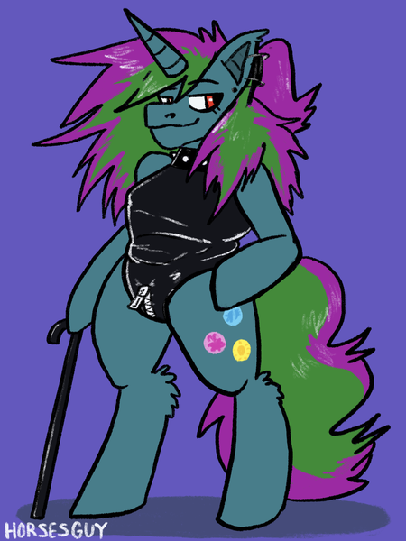 Size: 1620x2160 | Tagged: suggestive, artist:horsesguy, derpibooru import, oc, unofficial characters only, anthro, unguligrade anthro, unicorn, anthro oc, arm hooves, big horn, cane, choker, ear piercing, ear tufts, ears, eyelashes, female oc, green coat, hand on hip, hoof hold, hoof on hip, horn, image, latex, latex leotard, latex suit, leg fluff, piercing, png, purple background, red eyes, simple background, smiling, smirk, solo, spiky hair, studded choker, tail, two toned hair, two toned tail, unicorn horn, unicorn oc, zipper