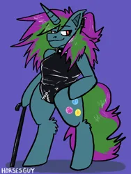 Size: 1620x2160 | Tagged: suggestive, artist:horsesguy, derpibooru import, oc, unofficial characters only, anthro, unguligrade anthro, unicorn, anthro oc, arm hooves, big horn, cane, choker, ear piercing, ear tufts, ears, eyelashes, female oc, green coat, hand on hip, hoof hold, hoof on hip, horn, image, latex, latex leotard, latex suit, leg fluff, piercing, png, purple background, red eyes, simple background, smiling, smirk, solo, spiky hair, studded choker, tail, two toned hair, two toned tail, unicorn horn, unicorn oc, zipper