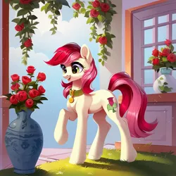 Size: 1024x1024 | Tagged: safe, ai content, derpibooru import, machine learning generated, prompter:doom9454, stable diffusion, roseluck, earth pony, pony, collar, flower, generator:purplesmart.ai, image, jpeg, pet tag, pony pet, raised hoof, rose, rosepet, solo