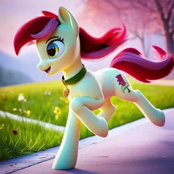 Size: 1024x1024 | Tagged: safe, ai content, derpibooru import, machine learning generated, prompter:doom9454, stable diffusion, roseluck, earth pony, pony, 3d, collar, flower, generator:purplesmart.ai, image, jpeg, pet tag, pony pet, rose, rosepet, running, solo