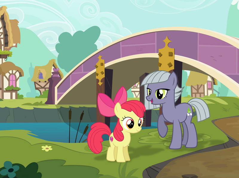 Size: 949x707 | Tagged: safe, artist:deratrox, artist:destroyerpony, artist:mlp-vector-collabs, derpibooru import, apple bloom, limestone pie, earth pony, pony, apple bloom's bow, bow, bridge, duo, female, filly, foal, hair bow, headcanon, headcanon in the description, image, mare, png, ponyville, raised hoof, sisters-in-law, smiling, when she smiles