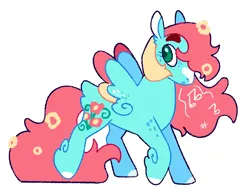 Size: 2048x1563 | Tagged: safe, artist:goatpaste, derpibooru import, thistle whistle, pegasus, pony, g3, :o, alternate design, coat markings, colored hooves, colored wings, facial markings, female, flower, flower in hair, freckles, image, leg freckles, mare, multicolored wings, open mouth, png, raised hoof, simple background, snip (coat marking), solo, spread wings, white background, wing freckles, wings