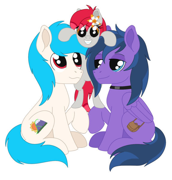 Size: 1147x1202 | Tagged: safe, artist:dyonys, derpibooru import, oc, oc:feather freight, oc:jimm, oc:tiny jasmini, earth pony, pegasus, derpibooru community collaboration, 2024 community collab, collar, female, image, male, png