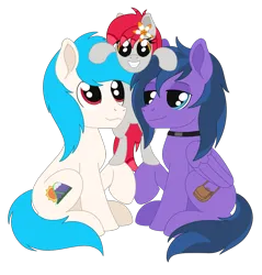 Size: 1147x1202 | Tagged: safe, artist:dyonys, derpibooru import, oc, oc:feather freight, oc:jimm, oc:tiny jasmini, earth pony, pegasus, derpibooru community collaboration, 2024 community collab, collar, female, image, male, png