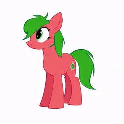 Size: 768x768 | Tagged: safe, ai content, derpibooru import, generator:artbreeder, machine learning generated, oc, oc:hubbamelon, unofficial characters only, earth pony, 6 eyelashes, 6 eyelashes per eye, food, green cutie mark, green eyes, green hair, green mane, green tail, hubba-melon, image, jpeg, logo, logo cutie mark, looking away, looking left, monochrome, red body, red coat, red cutie mark, reference in the description, show accurate, side facing, simple background, solo, spiky hair, spiky mane, spiky tail, tail, three quarter view, watermelon, white background