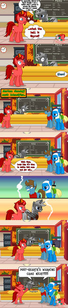 Size: 1024x4586 | Tagged: safe, artist:jasperpie, derpibooru import, oc, oc:finn the pony, oc:jasper pie, oc:night mist, oc:thespio, clock, clothes, comic, fez, hat, image, jpeg, manehattan, pie's pizzeria (manehattan), sword, vest, weapon