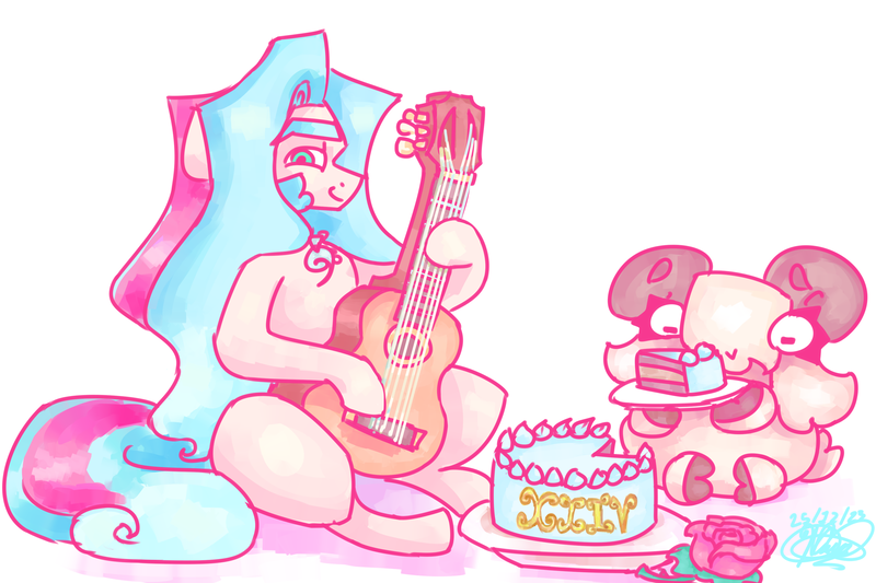 Size: 3600x2400 | Tagged: safe, artist:mannybcadavera, derpibooru import, oc, oc:sigvard, oc:tapita, unofficial characters only, earth pony, goat, pony, acoustic guitar, birthday cake, cake, duo, food, guitar, high res, hoof hold, image, male, musical instrument, png, simple background, stallion, white background