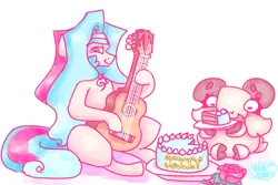 Size: 3600x2400 | Tagged: safe, artist:mannybcadavera, derpibooru import, oc, oc:sigvard, oc:tapita, unofficial characters only, earth pony, goat, pony, acoustic guitar, birthday cake, cake, duo, food, guitar, high res, hoof hold, image, male, musical instrument, png, simple background, stallion, white background
