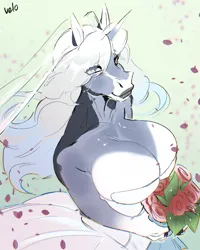 Size: 970x1213 | Tagged: suggestive, artist:bluevelo, derpibooru import, oc, oc:elsa, anthro, unicorn, anthro oc, bare shoulders, big breasts, bouquet of flowers, breasts, bride, busty oc, cleavage, clothes, coat markings, colored, dick sucking lips, dress, eye clipping through hair, eyeliner, female, female oc, finger hooves, flat colors, flower, flower petals, gray coat, hoers, horn, image, lips, looking at you, makeup, png, rose, smiling, smiling at you, socks (coat marking), solo, solo female, unicorn horn, unicorn oc, wedding dress, wedding veil, white hair