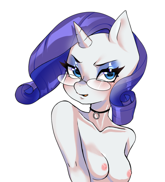 Size: 981x1080 | Tagged: questionable, artist:v1vanna, derpibooru import, rarity, anthro, unicorn, areola, bare shoulder portrait, bare shoulders, blue eyes, blue hair, blushing, breasts, bust, choker, curly hair, eyebrows, eyelashes, eyeshadow, female, furrowed brow, glasses, horn, image, looking at you, makeup, nipples, nudity, open mouth, png, portrait, simple background, small breasts, small horn, solo, unicorn horn, white background, white coat