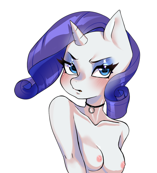 Size: 981x1080 | Tagged: questionable, alternate version, artist:v1vanna, derpibooru import, rarity, anthro, unicorn, areola, bare shoulder portrait, bare shoulders, blue eyes, blue hair, blushing, breasts, bust, choker, curly hair, eyebrows, eyelashes, eyeshadow, female, furrowed brow, horn, image, looking at you, makeup, missing accessory, nipples, no glasses, nudity, open mouth, png, portrait, simple background, small breasts, small horn, solo, unicorn horn, white background, white coat