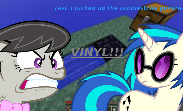 Size: 640x388 | Tagged: safe, derpibooru import, edit, vector edit, octavia melody, vinyl scratch, earth pony, pony, unicorn, angry, black mane, block, blocks, blue mane, blue tail, bowtie, chest, colored text, cutie mark, duo, female, g4, game, game screencap, glasses, grass, gray fur, gritted teeth, image, mare, memeful.com, minecraft, png, sky, stuck together, tail, teeth, text, this will end in tears, upset, vector