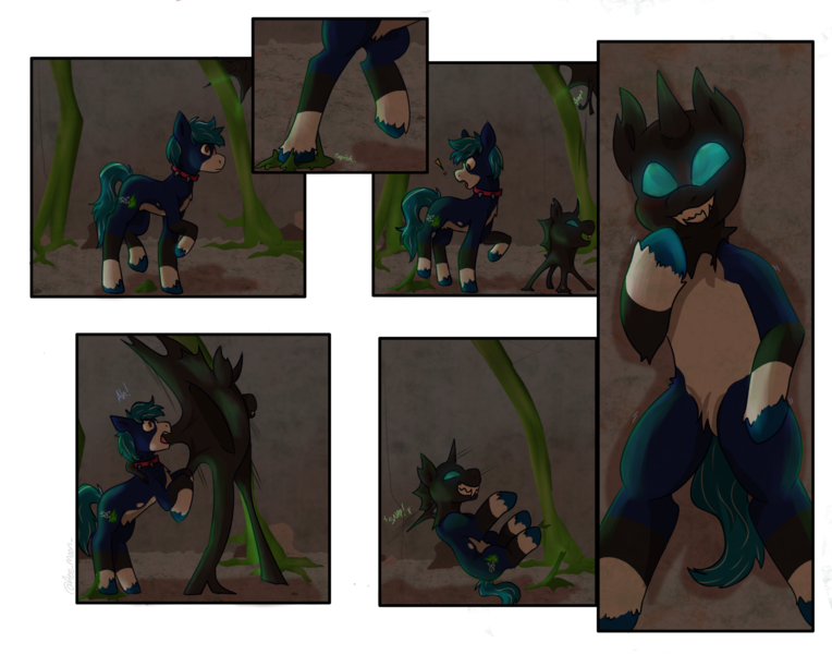 Size: 2166x1701 | Tagged: safe, artist:aero_moon, derpibooru import, oc, oc:azulito, oc:facade, changeling, earth pony, pony, blue coat, cave, changeling horn, comic, green mane, green tail, horn, image, latex, latex mask, living latex, living mask, male, mask, png, possessed, possession, tail