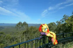 Size: 4928x3264 | Tagged: safe, artist:ponimalion, derpibooru import, photographer:misterdogg, sunset shimmer, alicorn, pony, alicornified, australia, capertee, capertee valley, clothes, ear fluff, fence, image, irl, jpeg, photo, plushie, race swap, socks, striped socks, tail, tail fluff