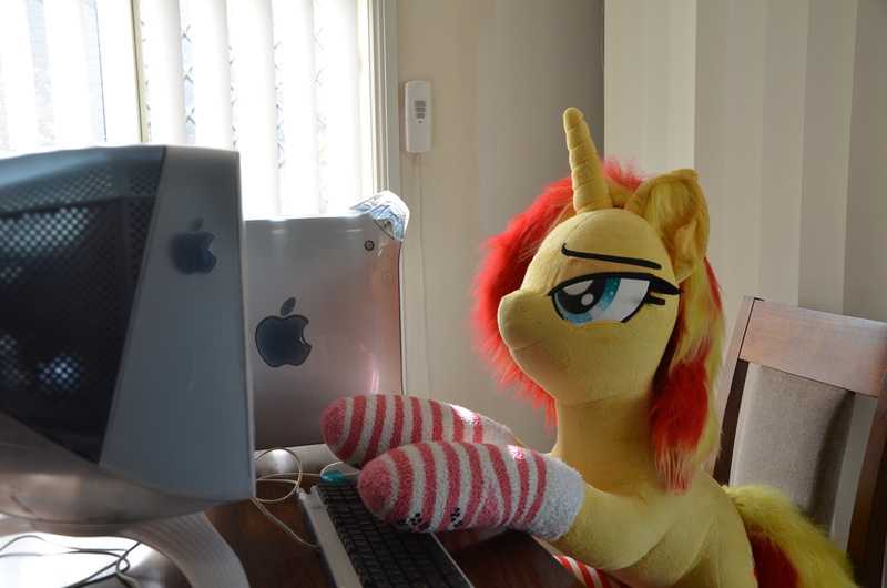 Size: 4928x3264 | Tagged: safe, artist:ponimalion, derpibooru import, photographer:misterdogg, sunset shimmer, pony, unicorn, clothes, computer, ear fluff, image, irl, jpeg, photo, plushie, powermac g4, socks, striped socks