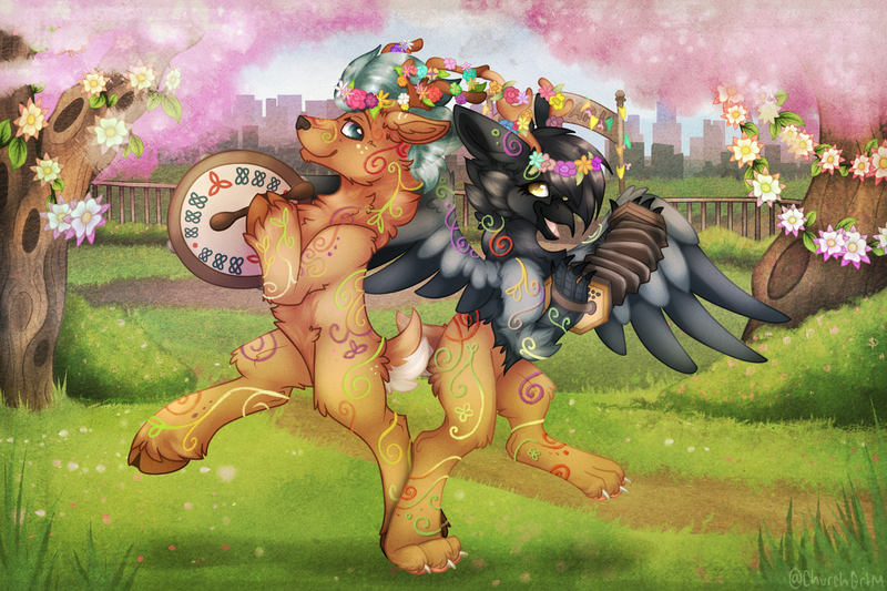 Size: 3000x2000 | Tagged: safe, artist:chvrchgrim, derpibooru import, oc, oc:aiteal ó broin, oc:gráinne ní bhroin, deer, gryphon, hybrid, antlers, bodhrán, bodypaint, city, concertina, deergriff, drums, female, festival, flower, flower in hair, flowers on antlers, grass, image, male, musical instrument, park, png, spring, tree