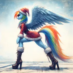 Size: 2048x2048 | Tagged: safe, ai content, derpibooru import, machine learning generated, prompter:krivovyaz, rainbow dash, anthro, pegasus, boots, christmas, clothes, costume, generator:bing image creator, hat, holiday, image, png, santa costume, santa hat, shoes, solo