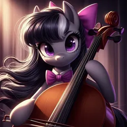 Size: 1024x1024 | Tagged: prompter needed, safe, ai content, derpibooru import, machine learning generated, octavia melody, earth pony, pony, bow, bow (instrument), bowtie, cello, cello bow, female, g4, generator:dall-e 3, hair bow, image, jpeg, looking at you, mare, musical instrument, smiling, smiling at you, solo