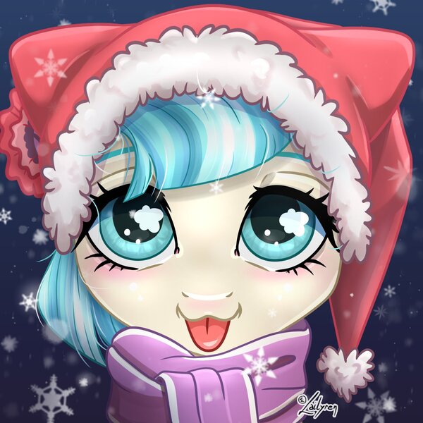 Size: 1748x1748 | Tagged: safe, artist:lailyren, derpibooru import, coco pommel, earth pony, pony, :p, commission, female, hat, image, jpeg, mare, snow, snowflake, tongue out, winter hat, ych result