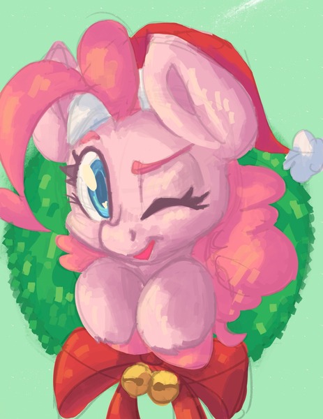 Size: 1582x2048 | Tagged: safe, artist:leadhooves, derpibooru import, pinkie pie, earth pony, pony, christmas, christmas wreath, female, green background, hat, holiday, image, jpeg, looking at you, mare, one eye closed, santa hat, simple background, smiling, smiling at you, solo, unshorn fetlocks, wink, winking at you, wreath